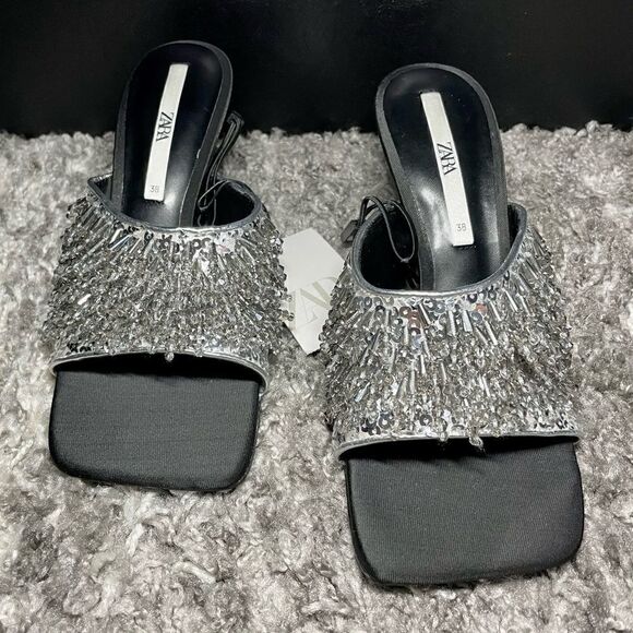 NWT Zara Sparkly Beaded Heeled Sandals - Picture 2 of 10